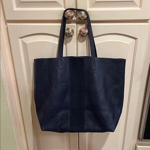 Madewell Navy Blue transport suede stripe Leather Tote